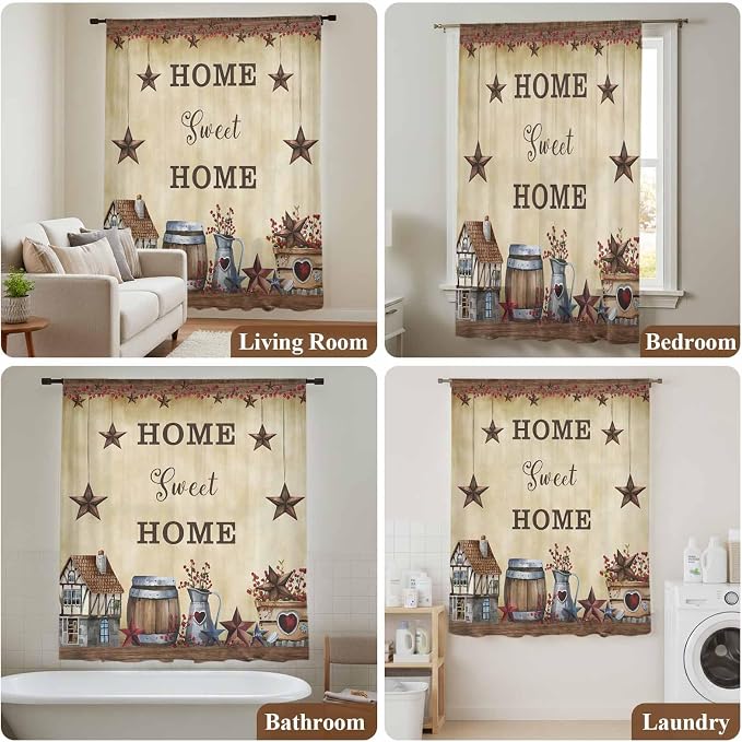 Farm Sheer Curtains 45 Inch Length American Country Barn Star Vintage Berry - Image 7