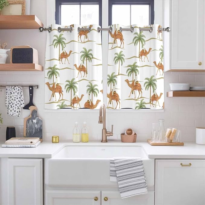 2 Panel Kitchen Cafe Curtains, Desert Camels Sunlight Filtering Nature Air - Image 2