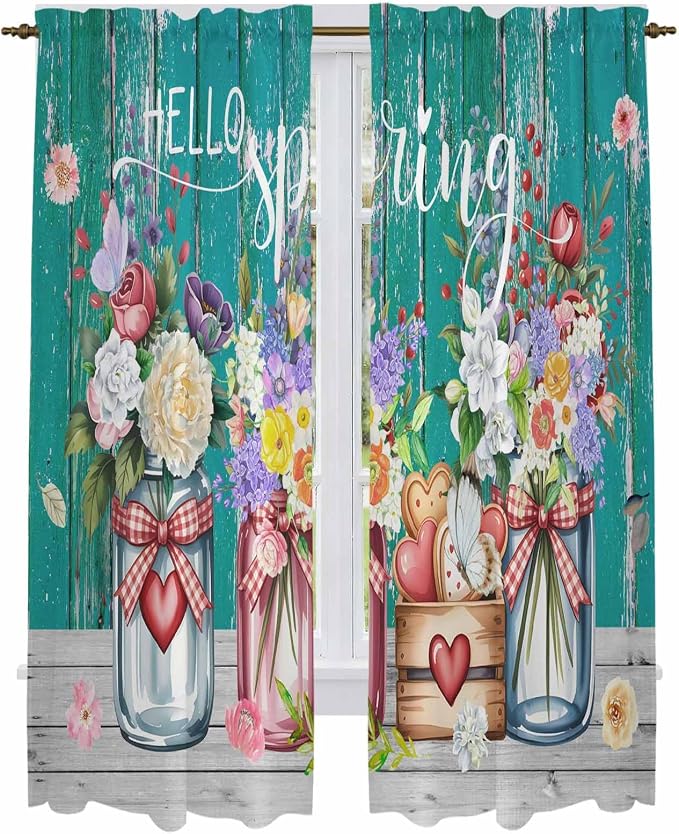 Spring Flowers Kitchen Curtains, Farmhouse Watercolor Teal Wood Grain Light by Unknown