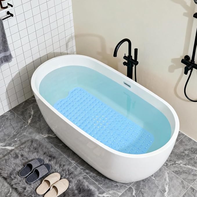 Anti-Slip Bathtub Shower mat, 39.3×15.7 inch（Approximately 100 × 40cm） Soft Oversized Machine Washable Non-Slip Bathtub mat with Drainage Holes, Bathroom Floor Suction Cup.（1-Opaque Light Blue）