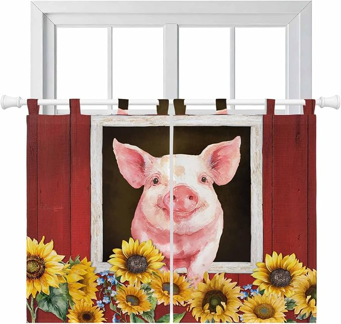 Pigs Sunflowers Kitchen Curtains 45 Inch Length, Short Cafe Window Curtains Tab by Unknown