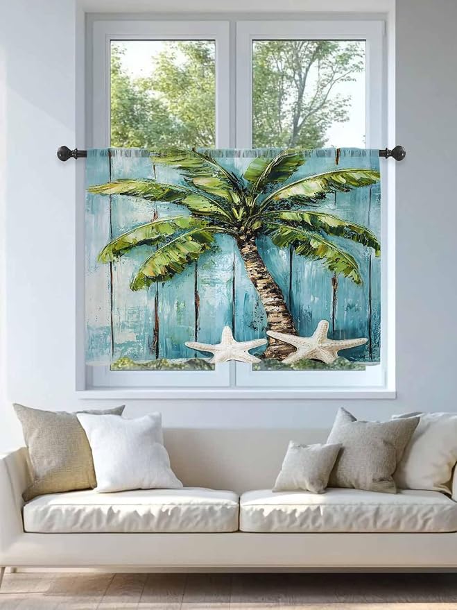 Sheer Curtains 45 Inch Length, Coastal Beach Starfish Semi Sheer Curtains Light - Image 4