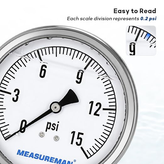 MEASUREMAN Glycerin Filled Plumbing Pressure Gauge 0-15psi Stainless Steel Case - Image 4