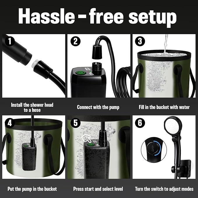 Portable Shower for Camping, 6000mAh Rechargeable Camp Shower Pump with Large Capacity Foldable Bucket, Filtered Shower Head, Outdoor Camp Shower Pump for Hiking, RV, Traveling, Car Washing, Pet Bath