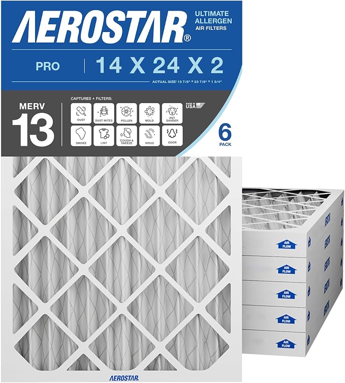 Aerostar 14x24x2 MERV 13 High Efficiency Pleated Air Filter, Electrostatic AC by AirFiltersDelivered