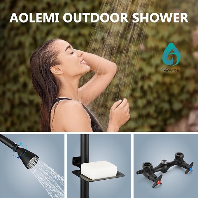Aolemi Outdoor Shower Kit,Outdoor Shower Fixtures Faucet System with Brass Showerhead,Double Handle Exposed Shower with Brass Mix Valve,6 Inch Center with Soap Dish,Pipe Upward,Matte Black
