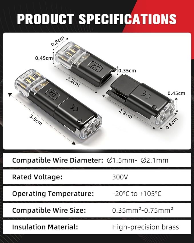 50pcs Double Wire Plug in Connector, 18-22AWG 2 Pin Low Voltage Wire Connectors - Image 7