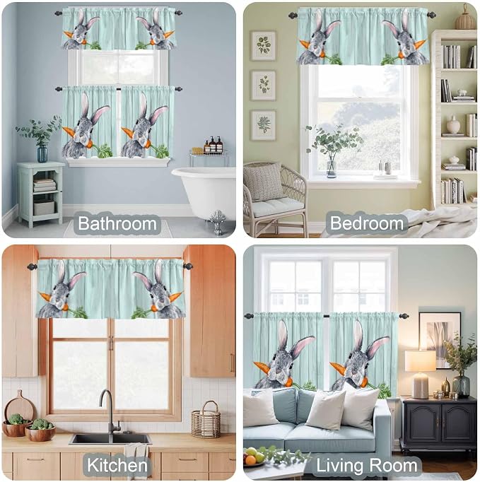 Easter Kitchen Curtain Set, Spring Rabbit Botanical Carrots Green Wooden Grain - Image 7