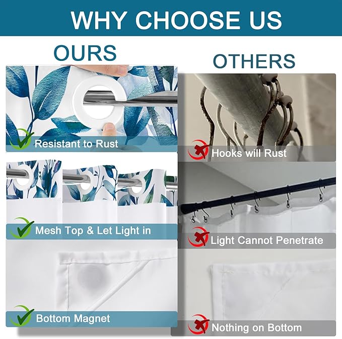 No Hook Shower Curtain and Liner Set, Dark Blue Eucalyptus Floral Shower Curtains for Bathroom, Bath Curtain Sets with Snap in Liner, Waterproof with See Through Top Window, 71x84 Inches
