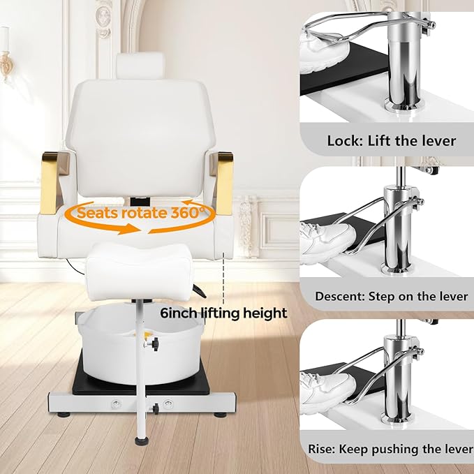 Pedicure Chair, Pedicure Station No Plumbing Adjustable Height Reclining Pedicure Chair with Footrest Massage Basin & Stool 360 Degree Swivel Foot Spa Chair Adjustable Backrest Spa Chair White