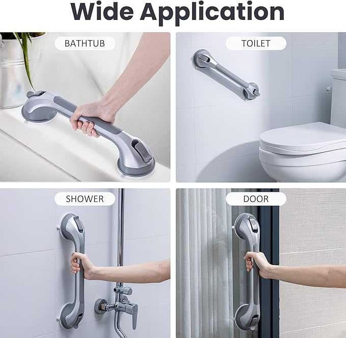 LEVERLOC Grab Bars for Bathtubs and Showers, Shower Handle 17 Inch Strong Suction Bath Handrails, Safety Grip for Bathroom Chair, Bathroom Grab Bar for Senior No Drilling Waterproof,Silver