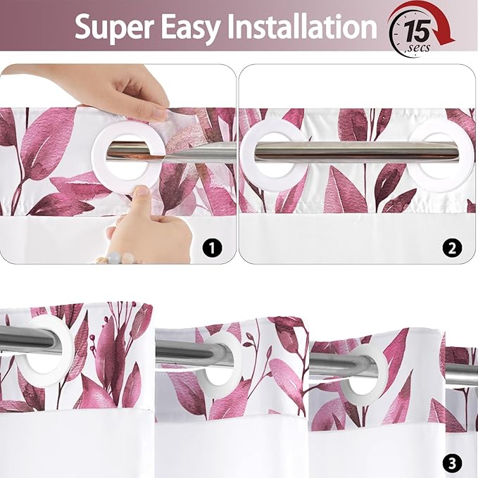 No Hook Shower Curtain and Liner Set, Dark Red Eucalyptus Floral Shower Curtains for Bathroom, Bath Curtain Sets with Snap in Liner, Waterproof with See Through Top Window, 71x84 Inches