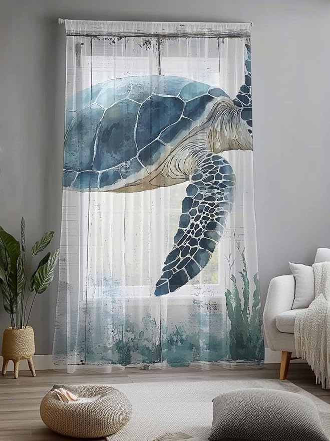 Sheer Curtains 96 Inches Long, Sea Turtle Teal Blue Semi Sheer Curtains Light - Image 2