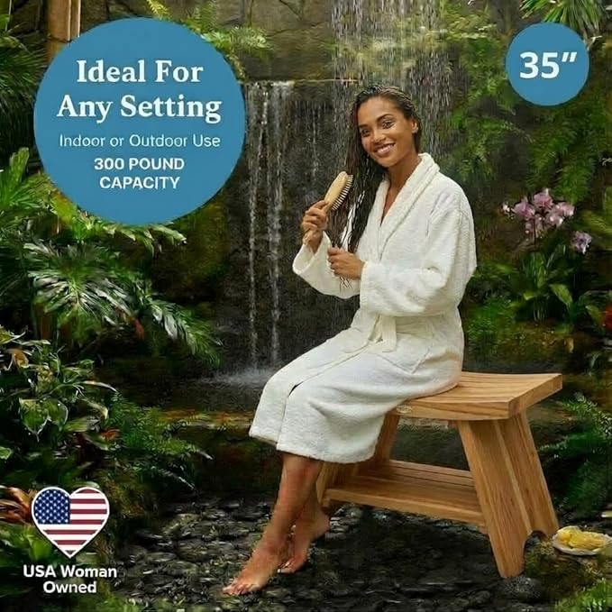 EcoDecors 35 Inch Serenity Teak Shower Bench – Waterproof Bathroom Seat with Large Storage Shelf For Adults & Seniors | Spa-Style Teak Wood Stool with Non-Slip Feet, Elegant Finish, 300 Pound Capacity