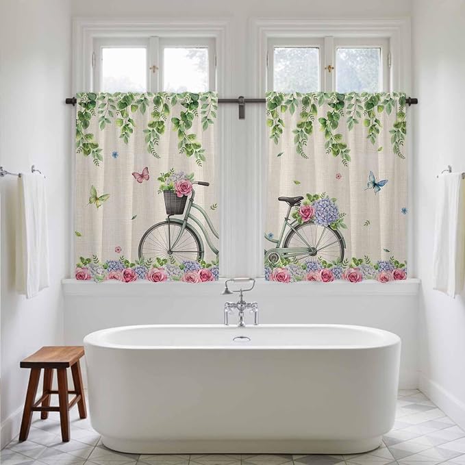 Farmhouse Spring Kitchen Curtains, Retro Bicycles Flowers Vines Butterfly Light - Image 5