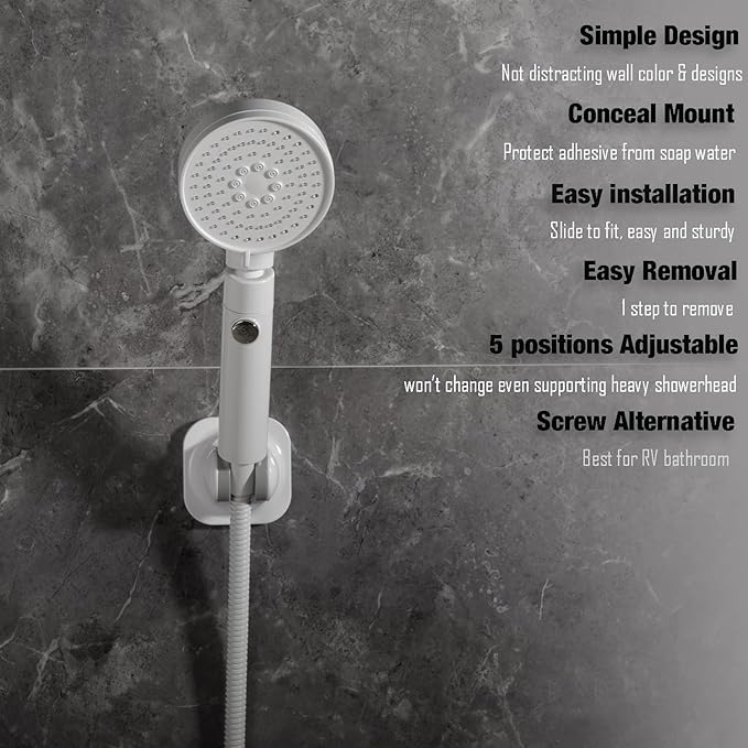 Handle held Shower Head Holder - 5 Positions Adjustable - Conceald Adhesive Mount with Screw Option- RV Camping Shower Head Holder (Gloss White)