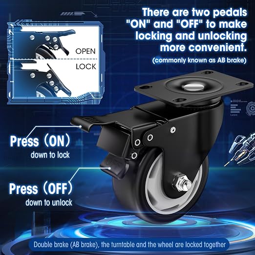 3" Heavy Duty Plate Casters, 1000 Lbs Dual Brake - Image 3