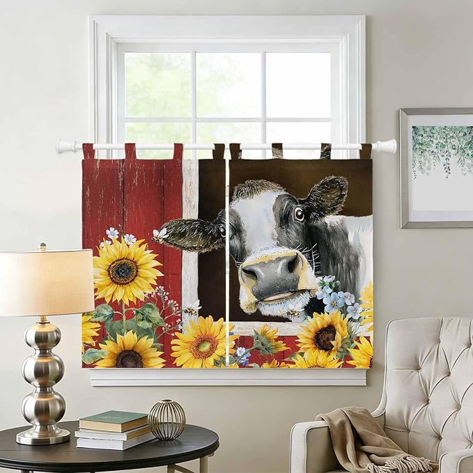 Cows Sunflowers Bedroom Curtains 63 Inch Length, Window Curtains Tab Top - Image 2