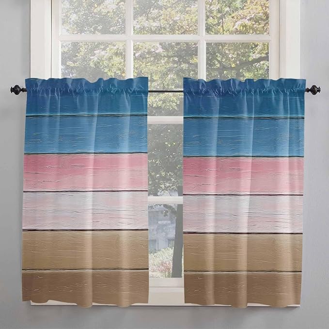 Blue Pink Brown Gradient Wood Grain Window Valance Curtains, Vintage Wood Board - Image 2