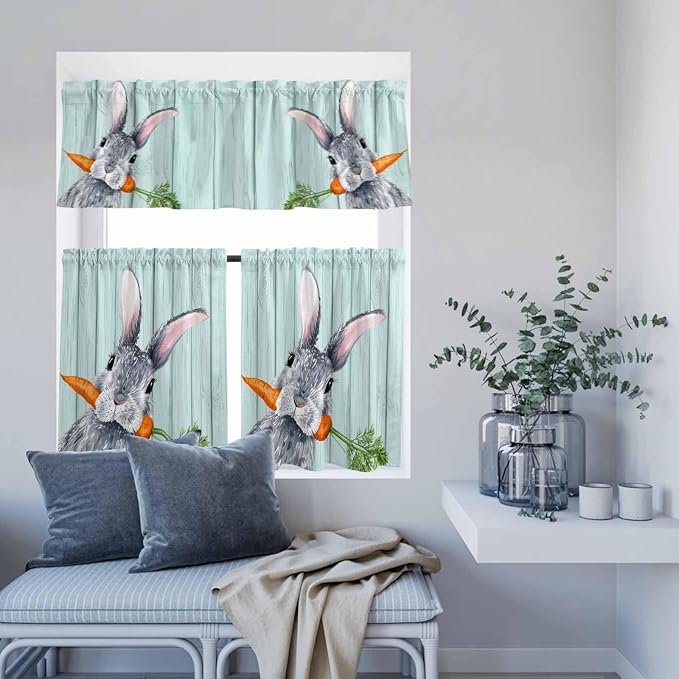 Easter Kitchen Curtain Set, Spring Rabbit Botanical Carrots Green Wooden Grain - Image 8