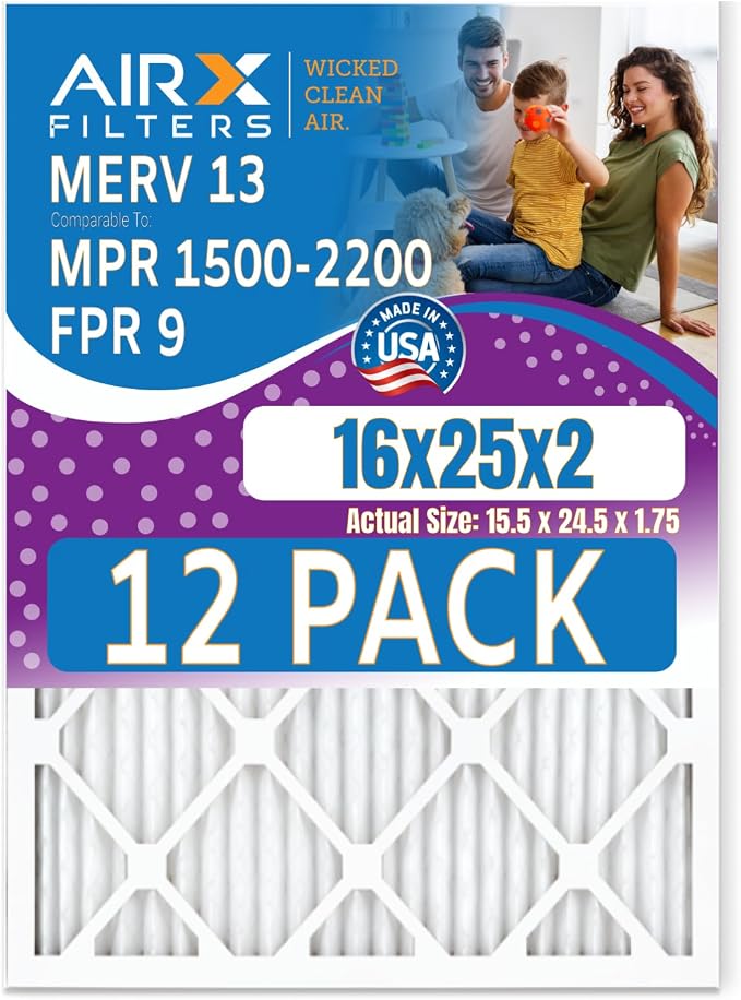 16x25x2 Air Filter MERV 13 Rating, 12 Pack of Furnace Filters Comparable to MPR by AIRXFILTERSWICKEDCLEANAIR