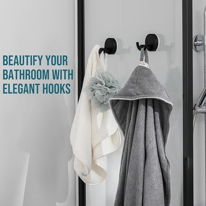 TAILI Stylish 304 Stainless Steel Bathroom Suction Hooks for Towel, Bathrobe, Loofah, No Damage Hanging Glass Shower Wall Hook, Patented Strong Suction Cup Holder, Hold Up to 11 Lbs, U-Cylinder Black
