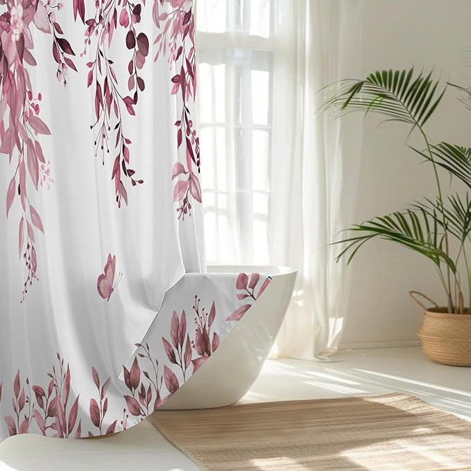 No Hook Shower Curtain and Liner Set, Dark Red Eucalyptus Floral Shower Curtains for Bathroom, Bath Curtain Sets with Snap in Liner, Waterproof with See Through Top Window, 71x77 Inches