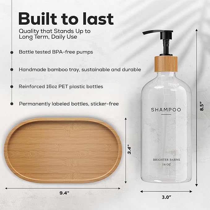 Clear Shampoo and Conditioner Dispenser Set by Brighter Barns - Refillable Plastic Shower Dispenser for Bathroom - Shampoo Bottles & Tray - Modern Bathroom Accessory for Hotel, Vacation Rental (Clear)