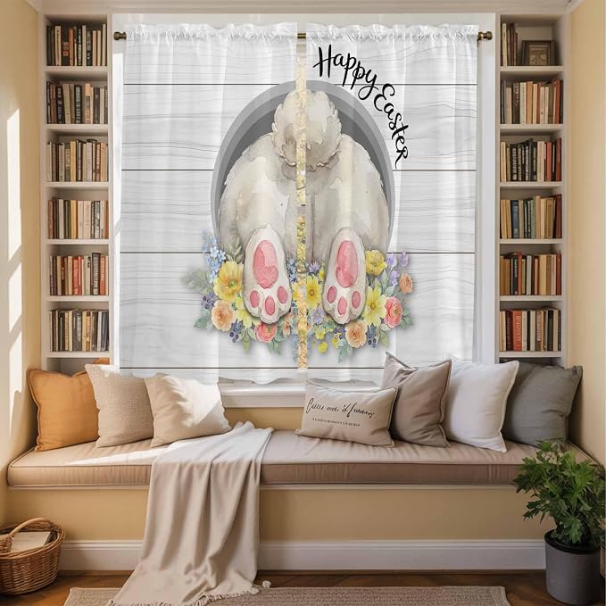 Easter Bunny Window Curtains 63 Inch Long 2 Panel Set, Rod Pocket Bedroom - Image 3
