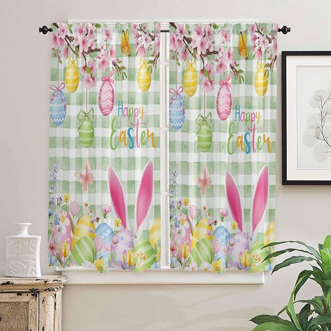 Happy Easter Bedroom Curtains 63 Inches length, Spring Bunny Eggs Flower Sage - Image 2