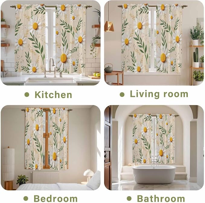 Spring Daisy Kitchen Curtains, Country Watercolor Flower Leaf Plant Light - Image 8