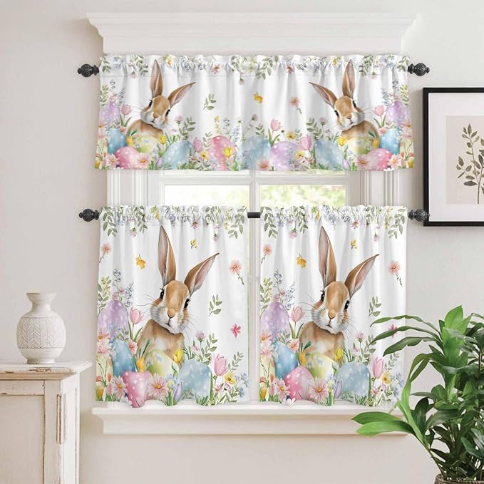 Kitchen Curtains Tiers and Valance Set of 3, Easter Light Filtering Window - Image 2