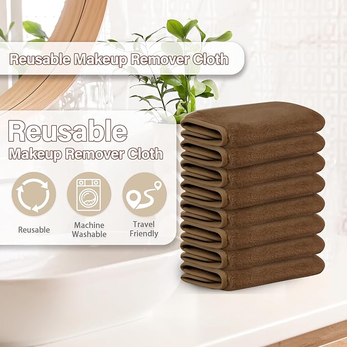 Nugilla Makeup Remover Cloths, 8 Packs Makeup Remover Towels Reusable Face Wash Cloth, Soft Makeup Removal Microfiber Face Cloth for Women(Brown)