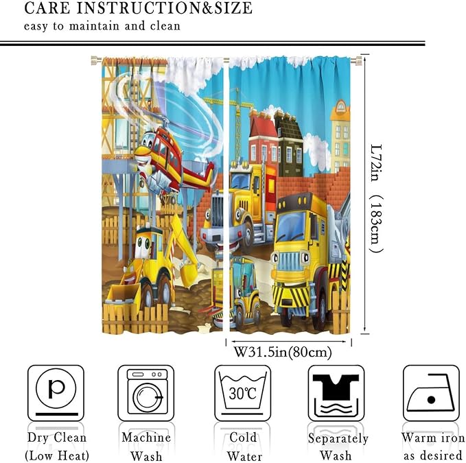 Kids Cartoon Construction Window Curtains, Funny Construction Site Cars and - Image 4
