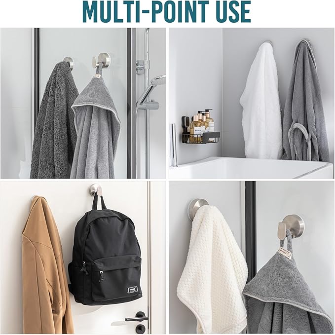 TAILI Stylish 304 Stainless Steel Bathroom Suction Hooks for Towel, Bathrobe, Loofah, No Damage Hanging Glass Shower Wall Hook, Patented Strong Suction Cup Holder, Hold Up to 11 Lbs, A-Cylinder Silver