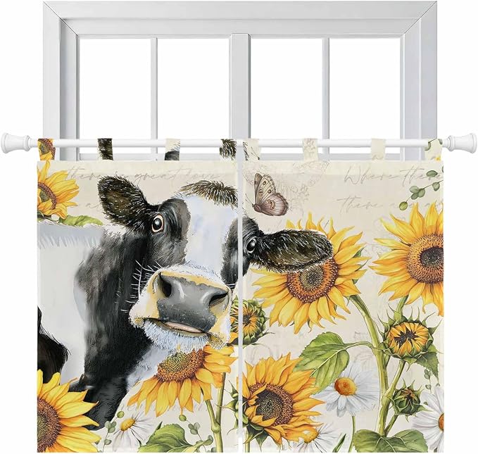 Yellow Sunflowers Kitchen Curtains 45 Inch Length, Short Cafe Window Curtains by Unknown