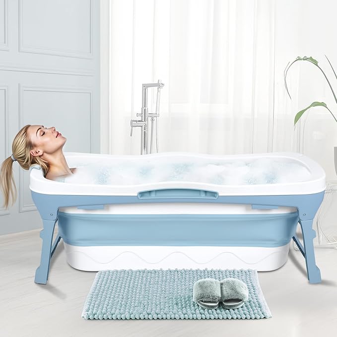 Portable Bathtub Portable Tub for Adults, 56" Foldable Bathtub for Adults Free Standing Tub for Shower, Ice Bath, Sitz Bath, Freestanding Bathtubs with Neck Pillow Blue