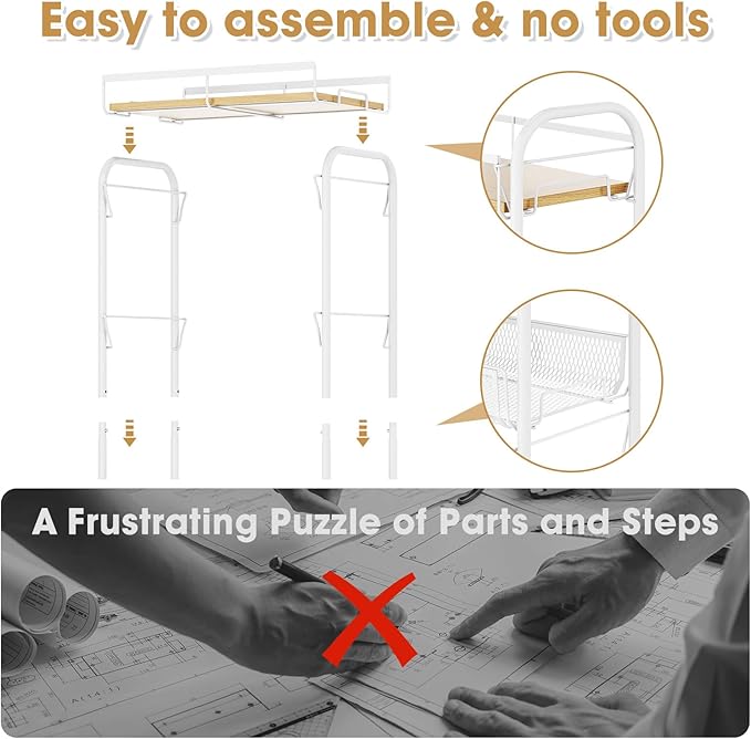 TOOLF 4-Tier Slim Rolling Cart, Metal Utility Cart, Slide Out Storage Cart with Wooden Tabletop and Mesh Baskets for Narrow Space on Kitchen Bathroom Laundry Room Bedroom Apartments Dormitory
