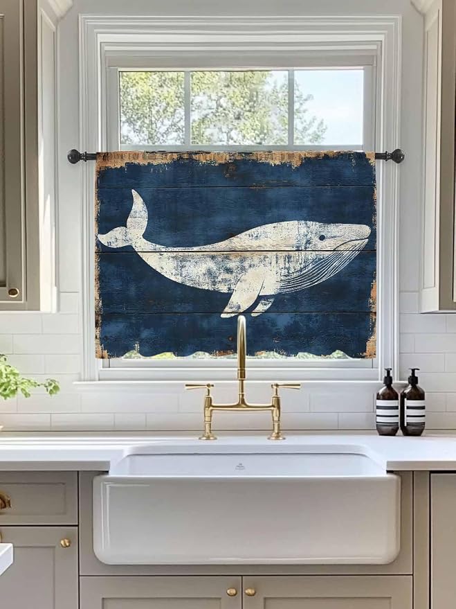 Sheer Curtains 54 Inch Length, Ocean Whale Blue Semi Sheer Curtains Light - Image 3