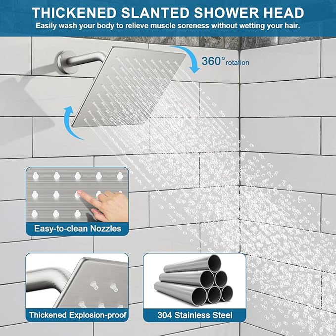 Shower Faucet Set Brushed Nickel Shower System, Ceiling Mount 10 Inch Shower Head With Wall Mount 6 Inch Shower Head and 2 in 1 Handheld Spray, Push Button Diverter Shower Valve Trim Kit