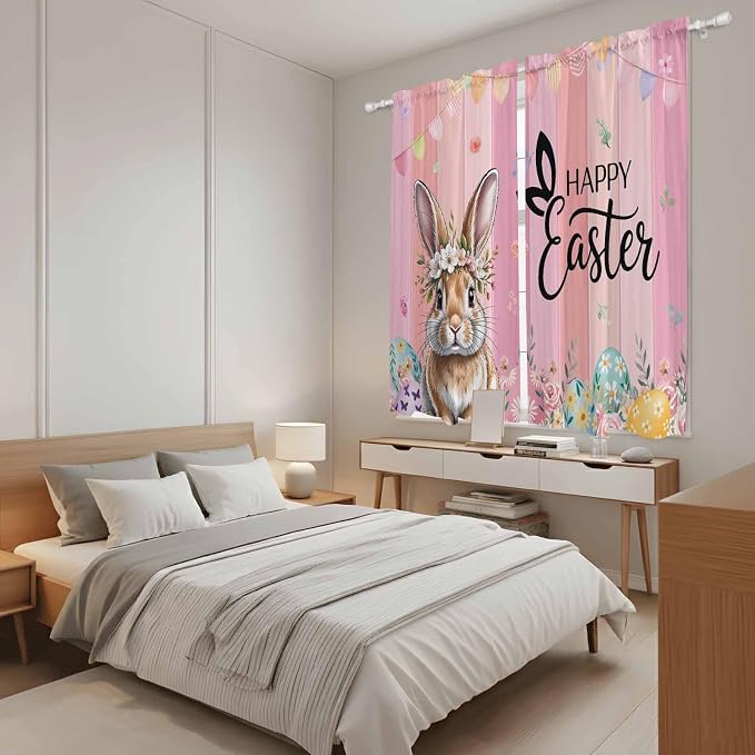 Easter Kitchen Curtains, Spring Rabbit Eggs Flowers Flags Leaves Wood Grain - Image 4