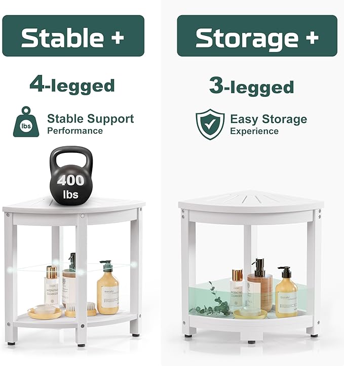 Waterproof Corner Shower Stool for Inside Shower, Poly Lumber Shower Bench Seat Chair, Bath Shower Stool for Shaving Legs Foot Rest with Storage Shelf, Adjustable & Non-Slip Feet, White