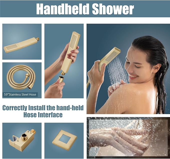 Aolemi Ceiling Mount Shower System Rain Shower Head with Handheld Spray High Pressure Shower Faucet Set Rough-in Valve Shower Trim Kit Included Bathroom Brused Gold 12 Inch Ceiling Shower Head