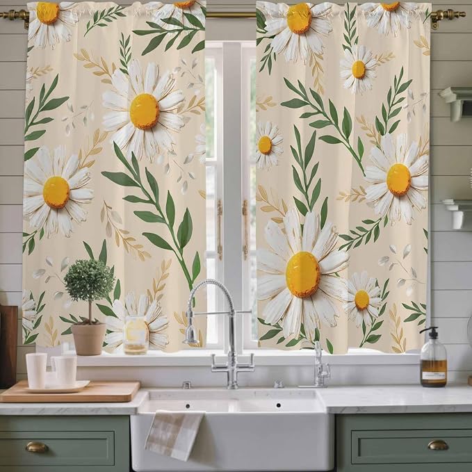 Spring Daisy Kitchen Curtains, Country Watercolor Flower Leaf Plant Light - Image 2