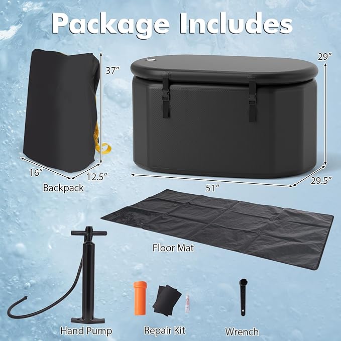 Goplus XL 129 Gal Oval Ice Bath Tub for Athletes, Inflatable Cold Plunge Tub w/Multiple Layered, Lid, Pump, Backpack, Portable Freestanding Ice Bath for Adults (129 Gal Oval, Black)