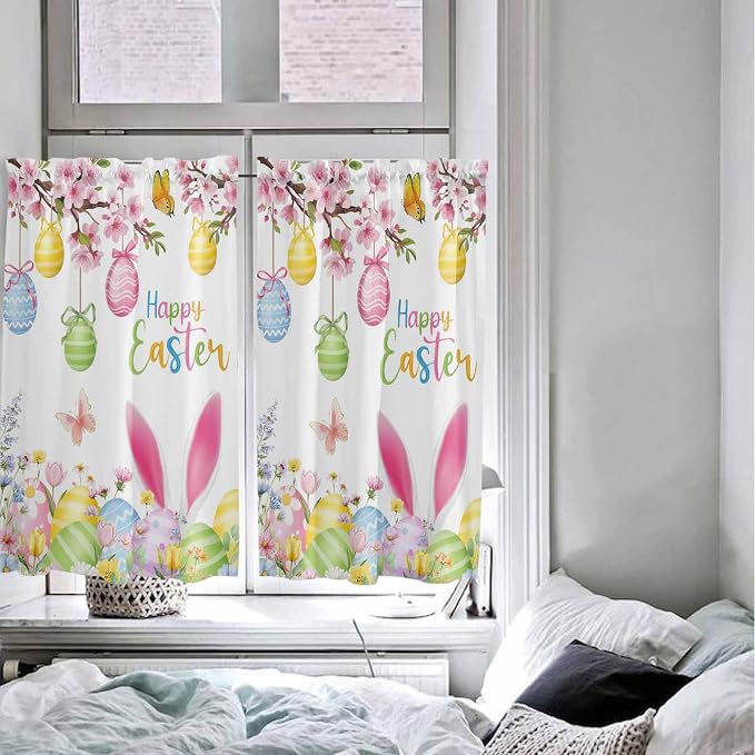 Happy Easter Tier Curtains 45 Inches Long, Spring Watercolor Bunny Eggs Flower - Image 5