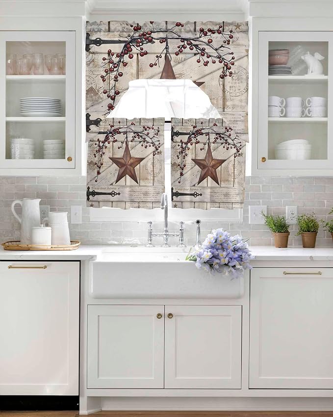 Village Stars Swag Kitchen Curtains Valance and Tier Set, Vintage Rust Yellow - Image 4