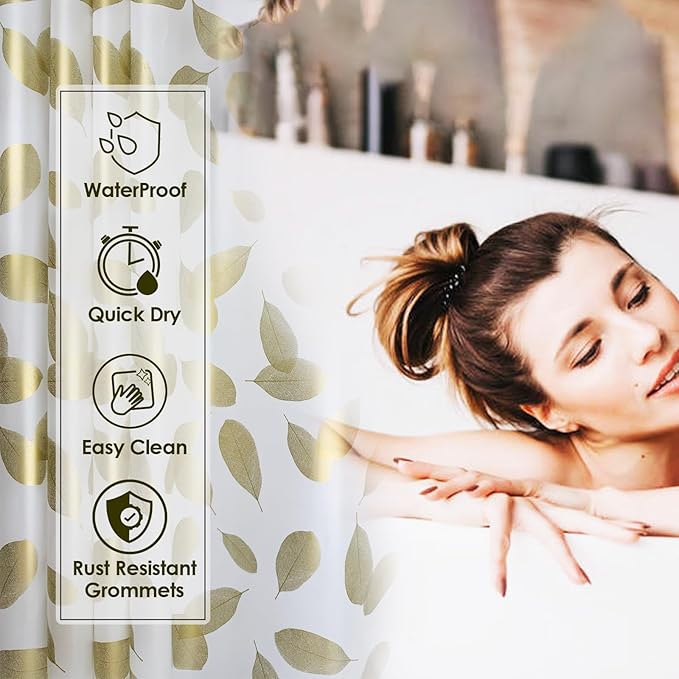 Plastic Shower Curtain Liner, Waterproof Printed PEVA Shower Curtain with Design, Gold Leaf Pattern, Rustproof Grommets, Standard Size 70x72 Bathtub Curtain for Bathroom (Pack of 1)