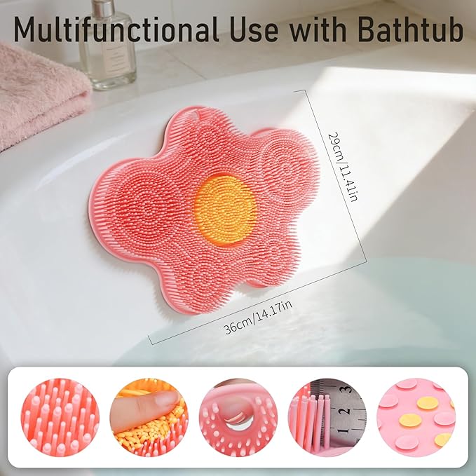 Shower Foot Scrubber Mat Silicone, Back Scrubber Exfoliating Washer Pad Wall-Mounted, Large Feet Clean Message with Suction Cups for Wall Smooth Floor - Extra long & Soft Bristles without Bending Pink