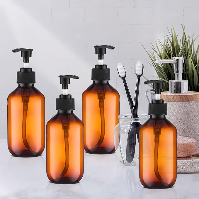 Uiifan 16 Pcs 8.5 oz Amber Foaming Soap Dispenser Refillable Foam Pump Bottle Liquid Plastic Container for Kitchen Bathroom Commercial Concentrated or Regular Shampoo Body Wash Dish Liquid Soap